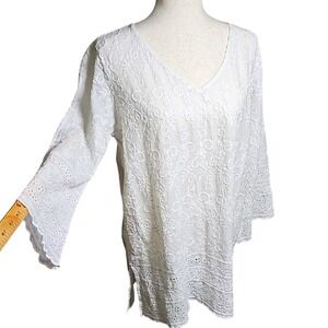 White Embroidered V-Neck Long Length Tunic Side Slits Women's Top Eyelete L